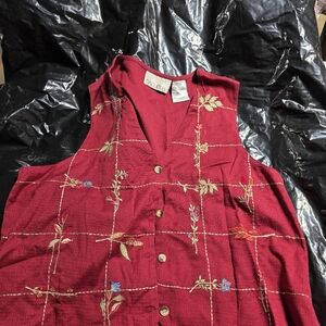 Embroidered Red Button-Up Vest